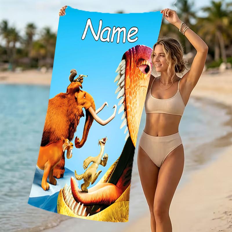 Personalizowane ręczniki plażowe z motywami z filmu Epoka Lodowcowa: Zmierzch Dinozaurów. Odpowiednie na plażę, do jogi, na sport.;idealne jako akcesoria plażowe