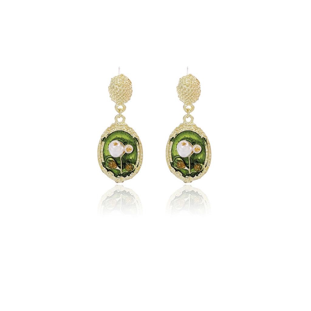 French Green Oil Painting Baroque Pearl Stud Earrings, Medieval Light Luxury High-End Monet Garden Earrings
