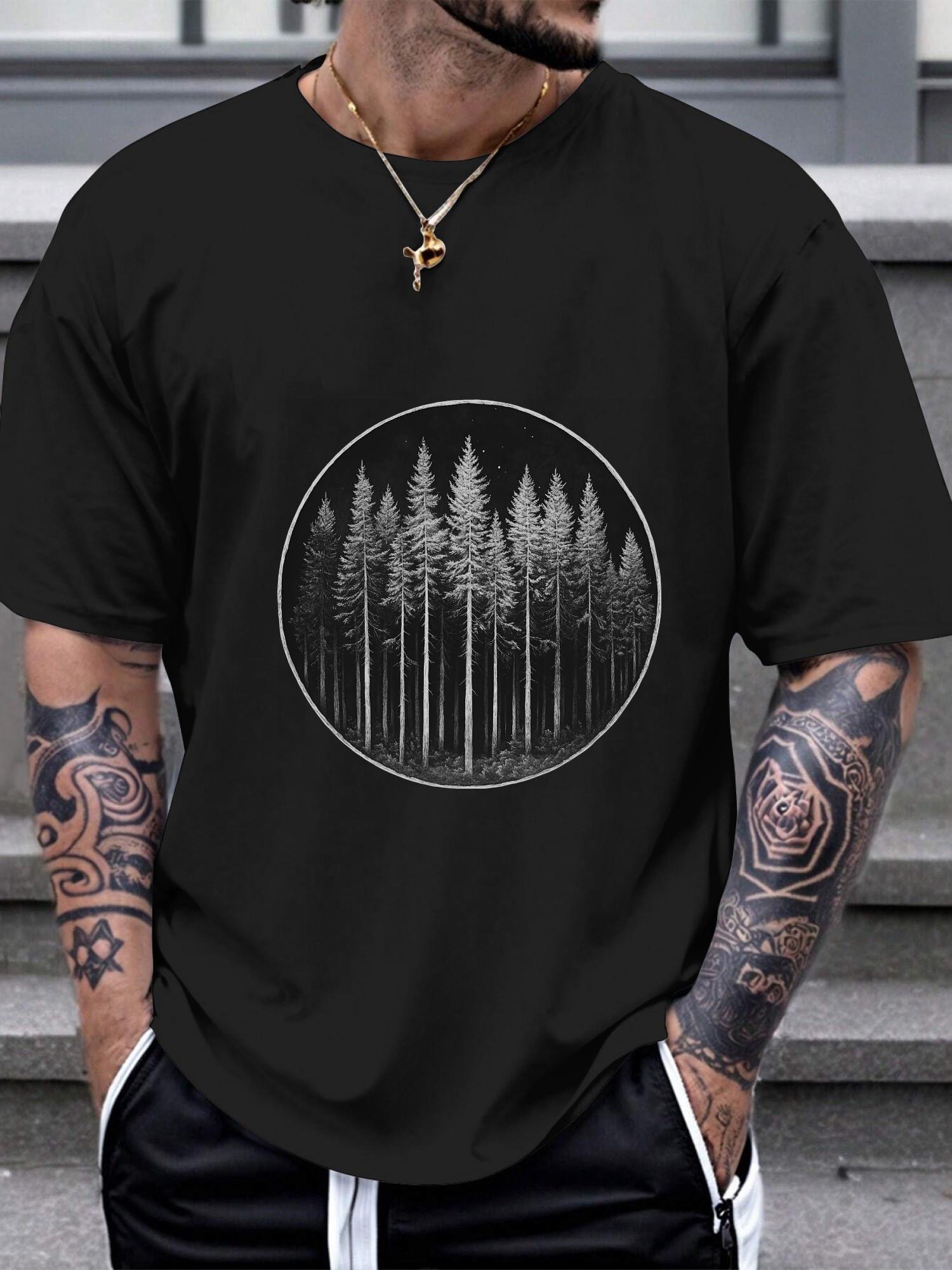 Casual Crew Neck Short Sleeve T-shirt - 180g Cotton All-Season Black & White Geometric Forest Graphic Tee S