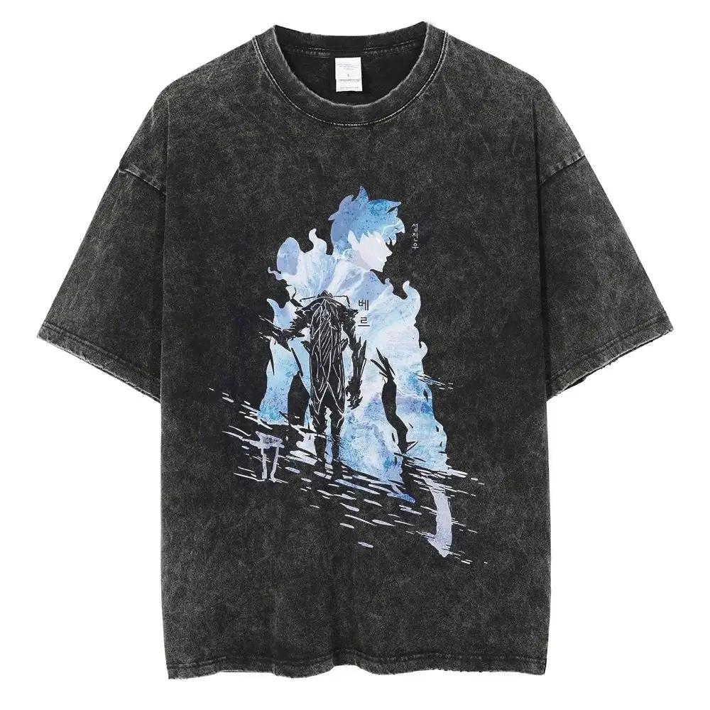 

Hot Summer Anime Solo Leveling Sung Jin Woo Print T-shirt Women High Quality Washed Cotton T-shirts Harajuku Plus Size T Shirt M