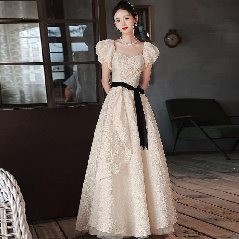 White Satin Evening Dress Dress 1011 New Autumn and Summer Style French Feeling On the Run Princess Dress