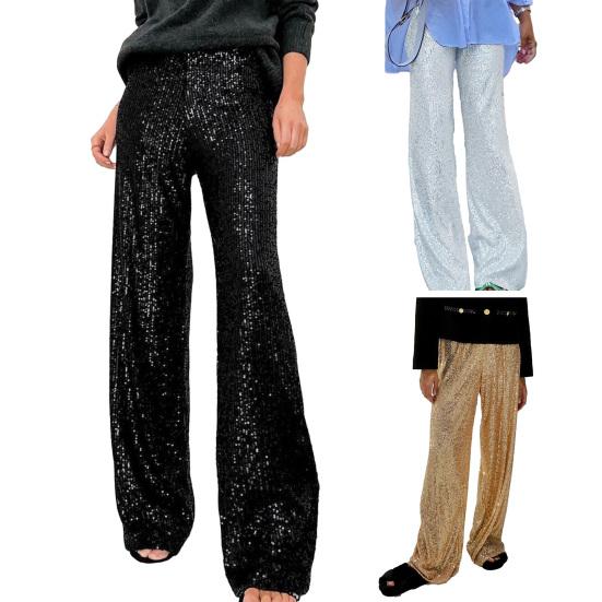 Women Pants Mid-rise Solid Color Sparkling Sequins Casual Trousers Wide Leg Stage Dance Pants