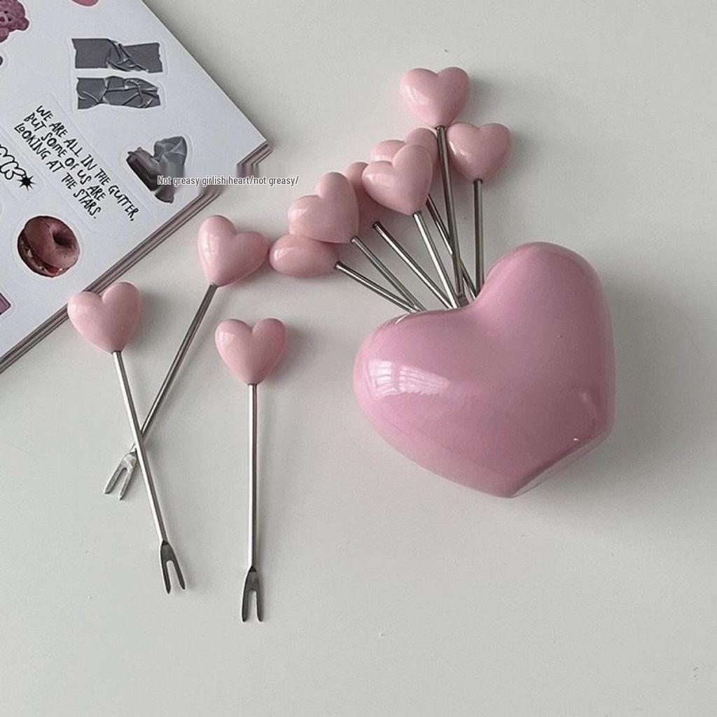 Zestaw widelczyków deserowych ze stali nierdzewnej w kształcie serca - Uroczy dwuzębny design do ciast i owoców