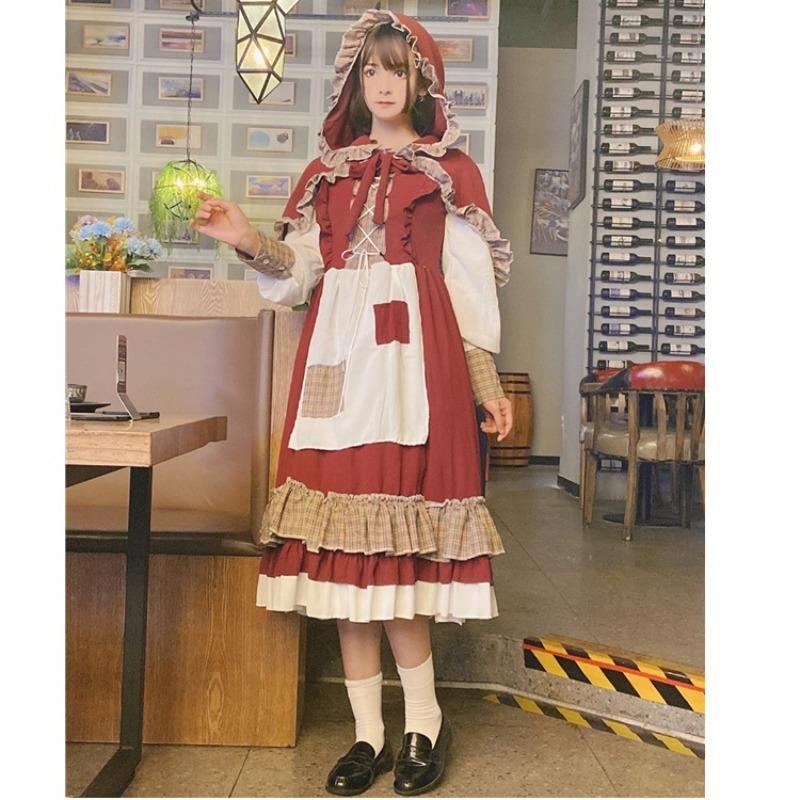 Halloween Costumes New Lolita Dress, Patched Lace Little Red Riding Hood, Burgundy Cute Dress