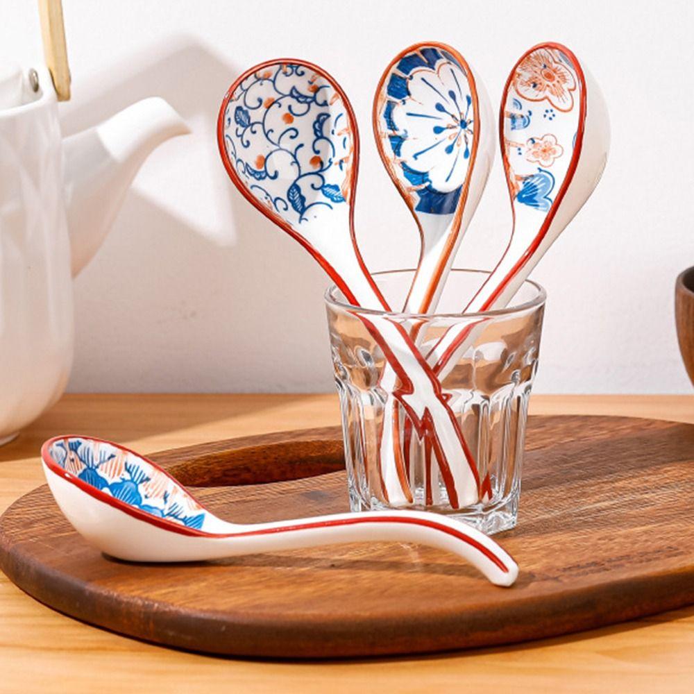 Set of 4 Curved Handle Ceramic Soup Spoon Porcelain Cooking Utensil Noodles Ramen Spoons  Kitchen