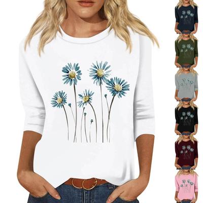 Women's Fashion Loose Casual Seven 3/4 Sleeve Printed Round Neck Pullover Top