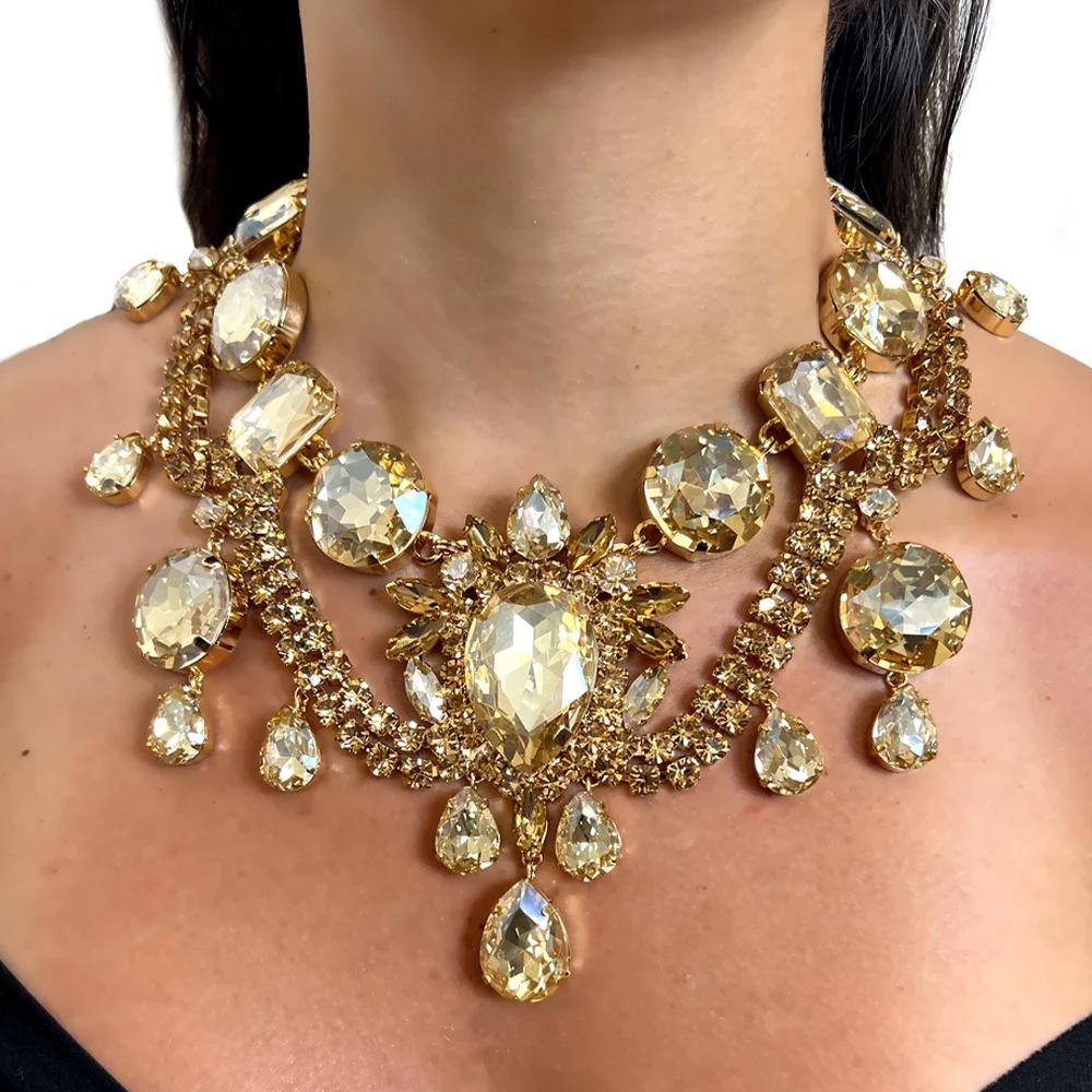Water Drop Fringed Necklace Personality Exaggerated Rhinestone Collarbone Chain Banquet Accessories Female Necklace gold plated