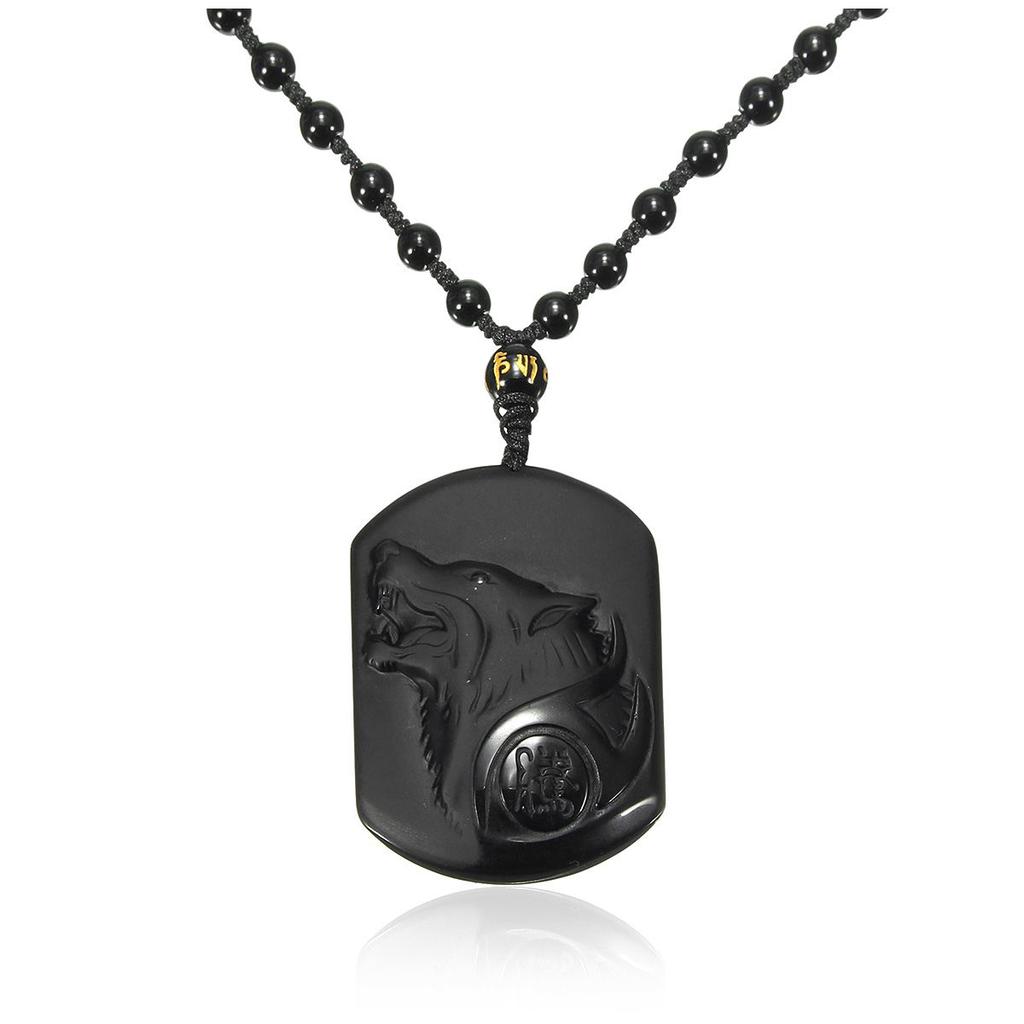 Men/'s Engraved Wolf/'s Head Obsidian Pendant Long Beaded Chain Necklace Gift