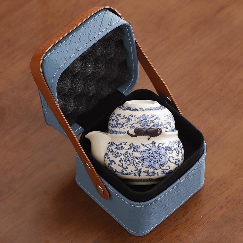 Hand-held Pot Twisted Lotus Portable Blue and White Travel Tea Set Kuaike Ru Kiln One Pot Three Cups Kuaike Cup Outdoor Gift