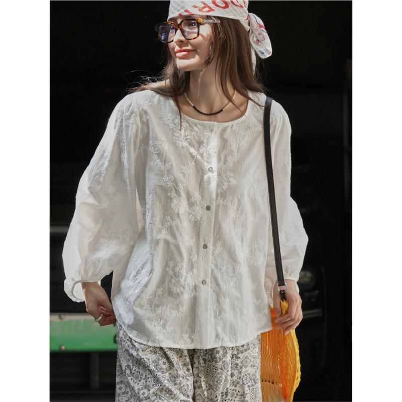 Johnature Summer Korean Embroidered Puff Sleeve Sunscreen Women Shirt Light Breathable Tops