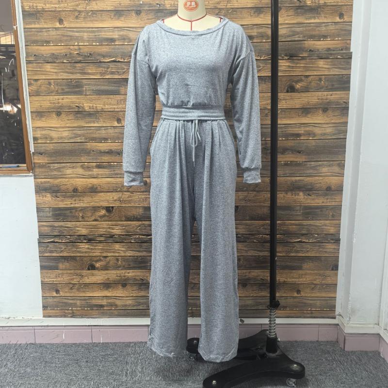 Spring Autumn Round Neck Solid Color Crop Top Women Elastic Waist Sports Sweatshirt Suit Female Sports Set