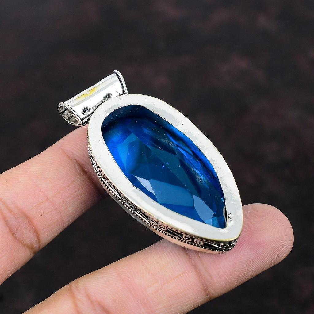Faceted Swiss Blue Topaz Pendant Handmade Vintage Pendant Antique Jewelry 925 Sterling Silver Pendant Real Gemstone Pendant Engagement Gift