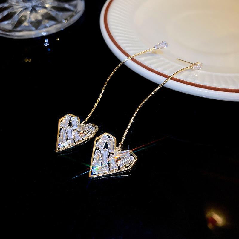 Silver needle zircon love earrings Korean niche ins design sense temperament long stud earrings earrings fashion earrings women