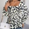 Women Long Sleeve Leopard Print Chiffon Blouse Streetwear Top Square Neck Tee Ladies T Shirt