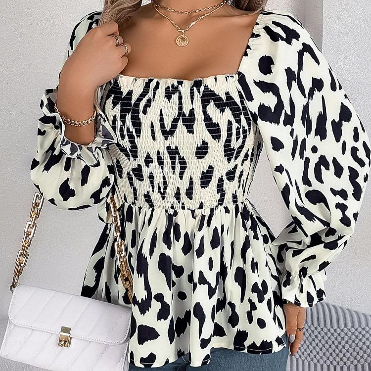 Women Long Sleeve Leopard Print Chiffon Blouse Streetwear Top Square Neck Tee Ladies T Shirt