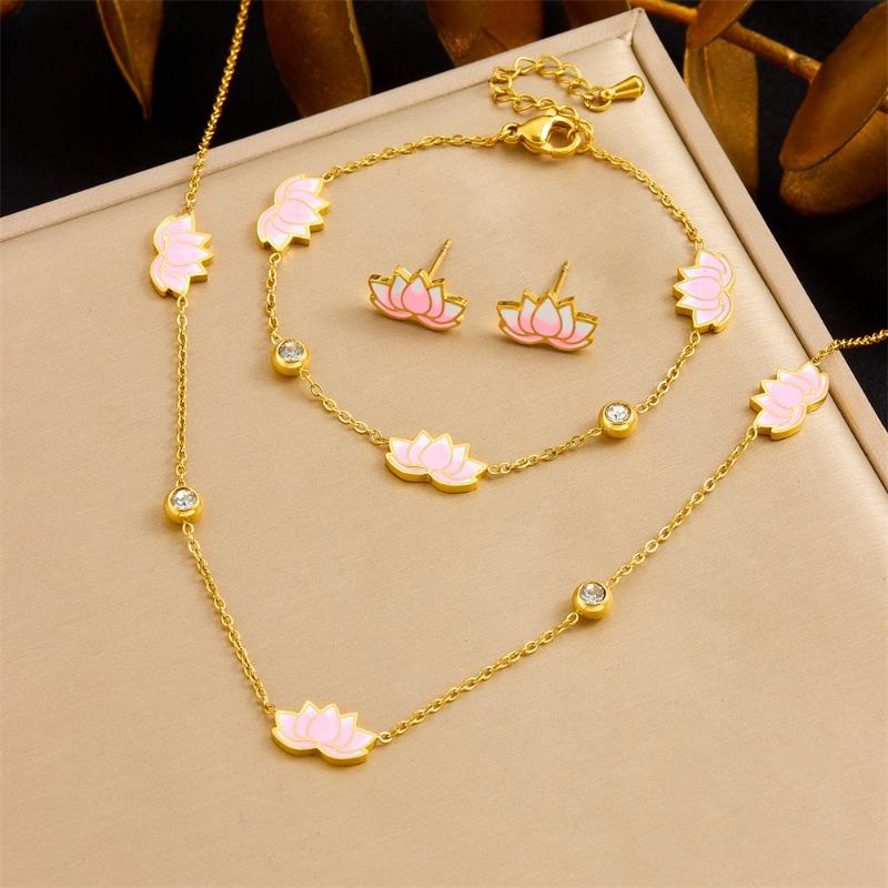 

Gold Plated Pink Lotus Enamel Jewelry Set Necklace Bracelet Earrings for Women Stainless Steel with Cubic Zirconia розовый