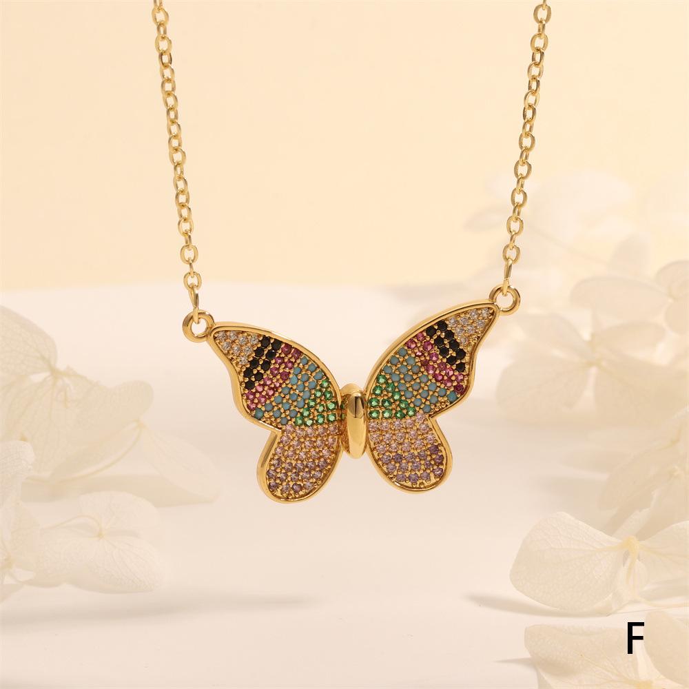 Color-Inlaid Zircon Butterfly Pendant Necklace - Fashionable Copper Insect Jewelry
