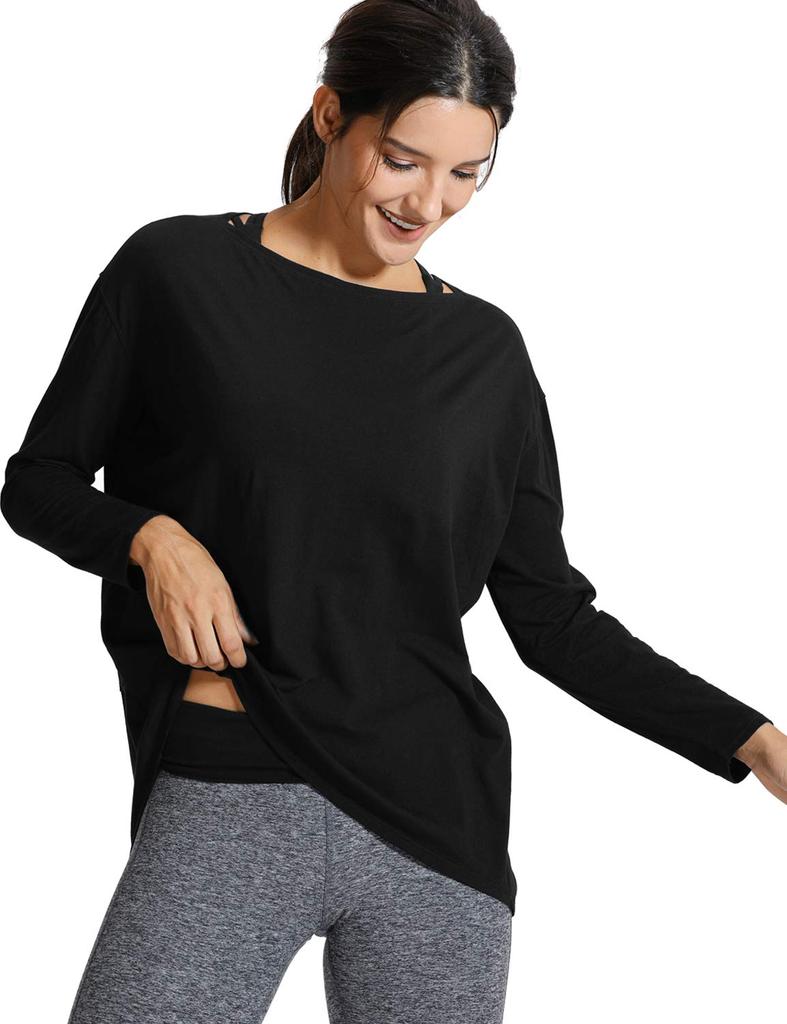 CRZ YOGA Long Sleeve Pima Cotton with Boat Loose Casual Yoga Size Women's T-Shirt Neck, Basic, Fit, Top, Black, M, Spring/Autumn