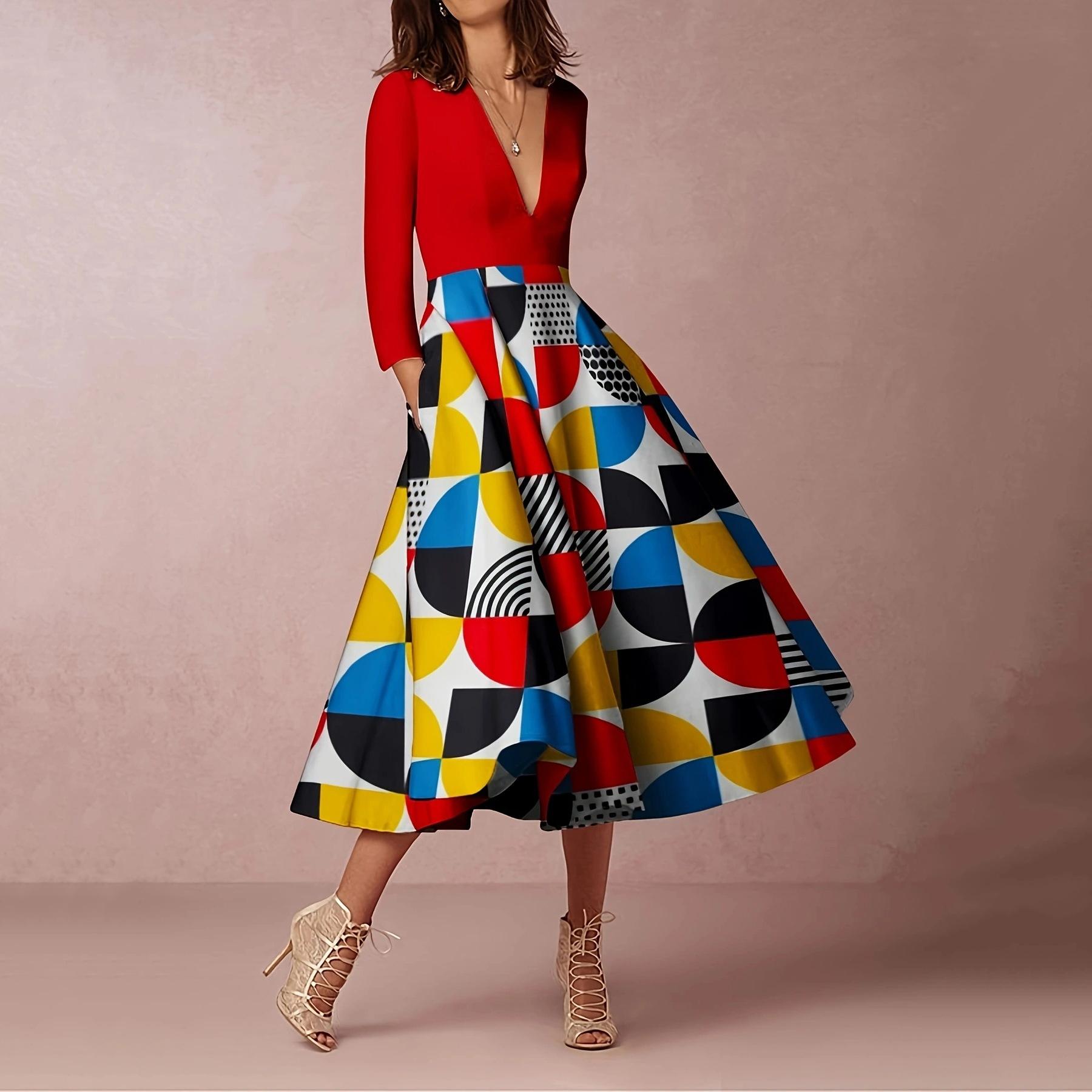 

Весенне-осеннее женское платье Темперамент Элегантные распашные платья трапециевидной формы с v-образным вырезом и принтом XXL красный