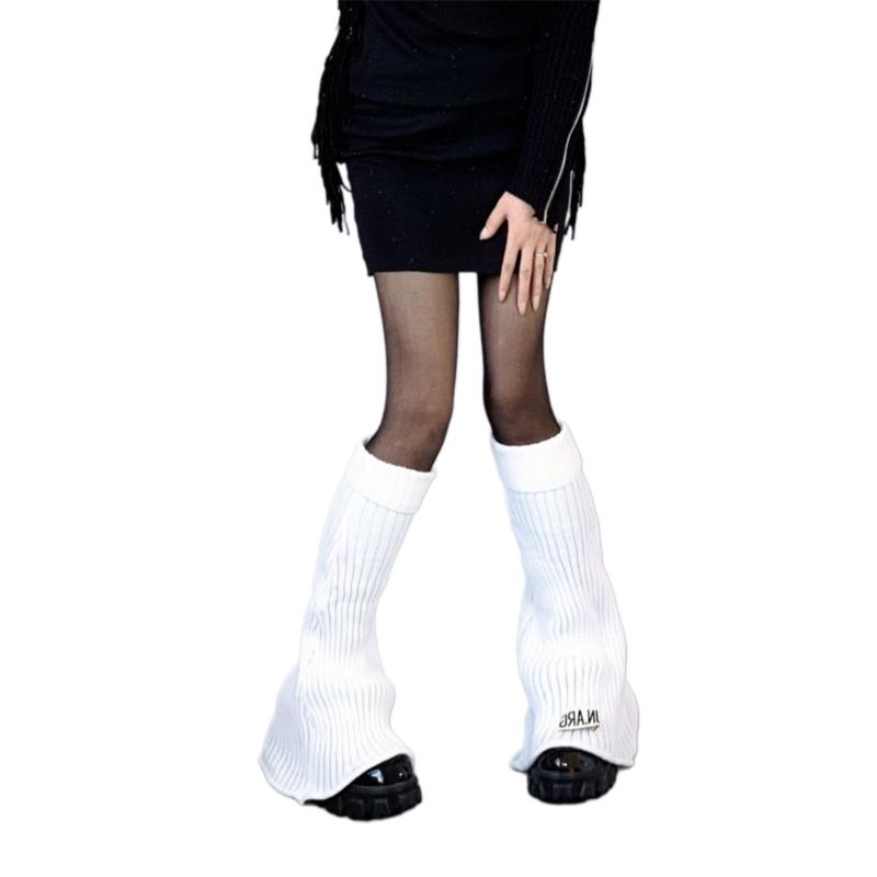 Harajuku Women Autumn Vintage Flared Leg Warmers Socks Gothic Punk Letters Label Ribbed Knitted Foot Covers Streetwear