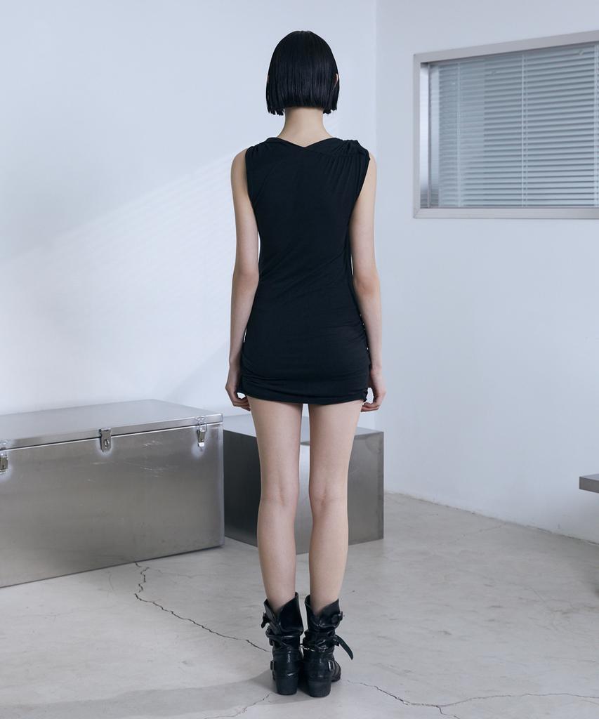 Bunteu Twist Drape Slim Mini Dress (Black)