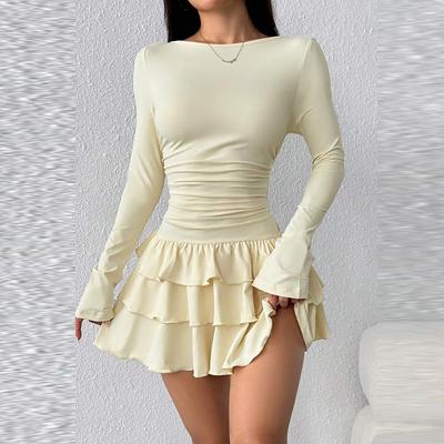 Outono Inverno Cor Sólida Ajuste Slim Babados Cascata Mini Vestido Mulheres Elegante Manga Flare Cintura Alta Sexy Festa Vestidos Bodycon