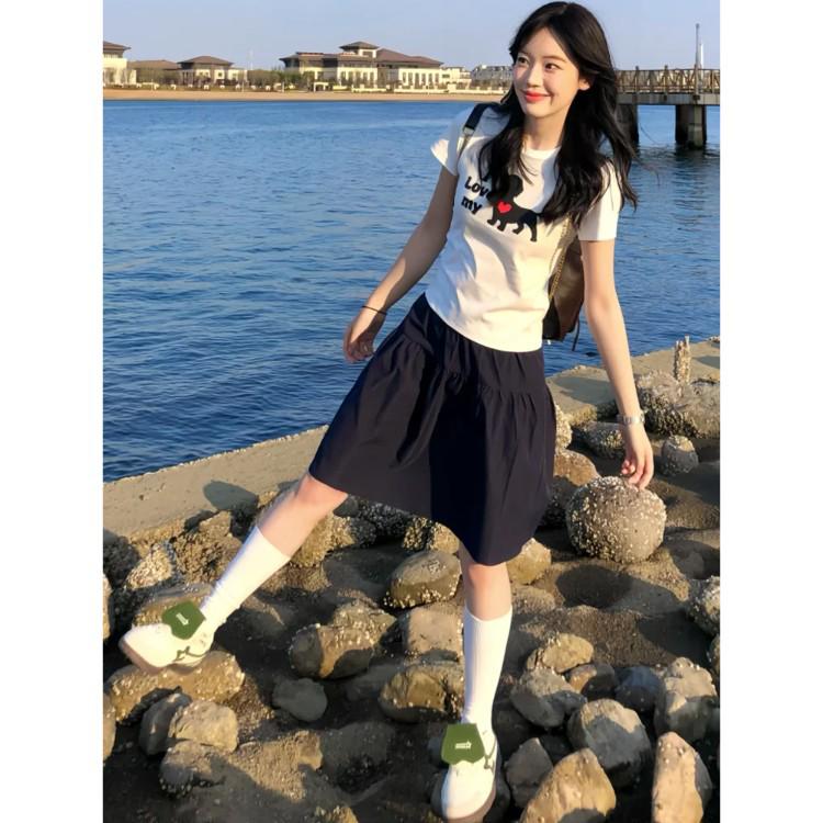 Navy Blue Japanese-Style A-Line Midi Skirt for Women - Summer 2025, High-Waisted, Casual Versatile College Style