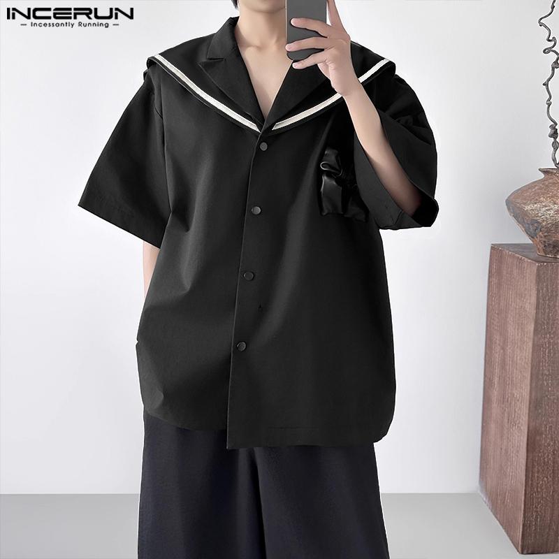 INCERUN Oversized Men Naval Collar Short Sleeve Stitching Casual Loose Shirts Tops