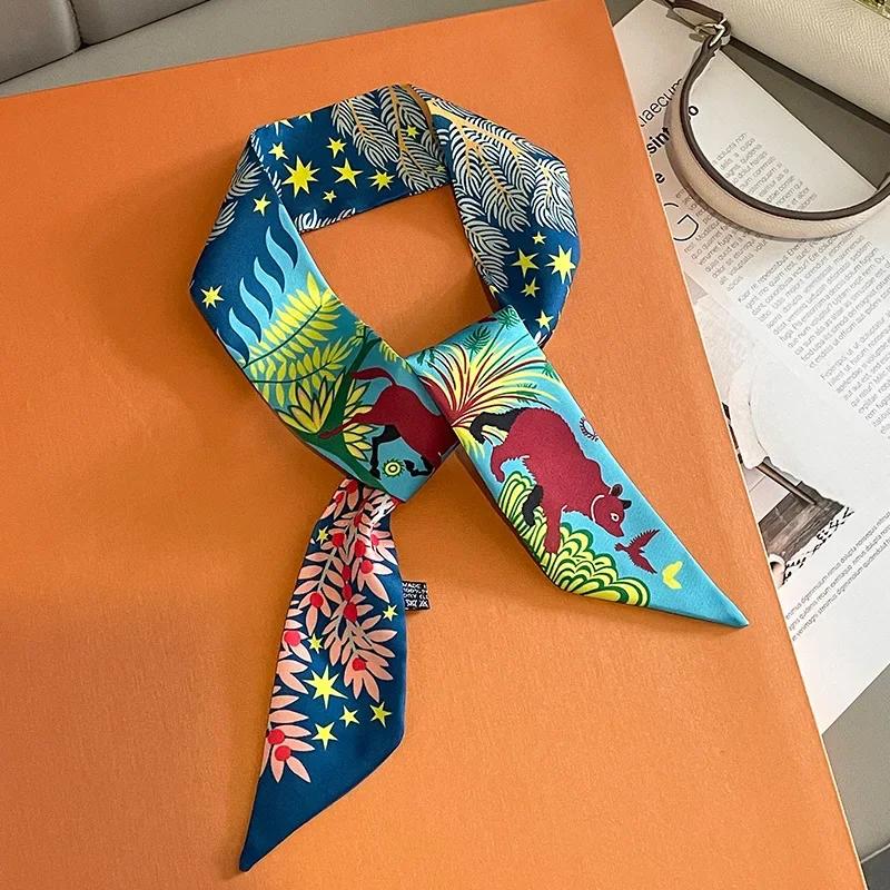 Silk Scarf Women Luxury Chain Print Bag Skinny Scarves Wraps Wrist Towel Foulards Neckerchief Headband Muslim Hijabs