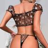 Summer Sexy Mesh Transparent Wrapped Chest Short Underwear Underwear with Flower Print One Shoulder Strap Sexy Underwear Set