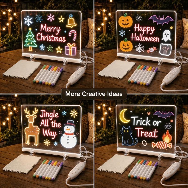 DIY Rewritable Glowing Acrylic Message Board Lamp, Light Up Drawing Board for Kids, Comes with 7 Vibrant Color Marker Pens