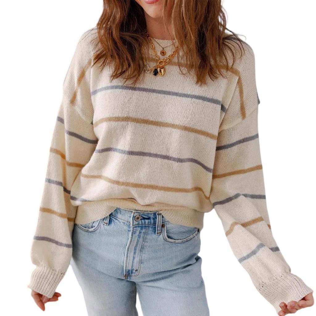 Women's Casual Color Striped Pullover Long Sleeve Loose Sweater