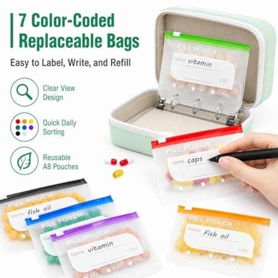 A8 Waterproof Pill Organizer Set Portable Case 14 Transparent Pouches Easily Organizes 7 Days Medicine Supplements Vitamins Fish Oil Zipper Writable