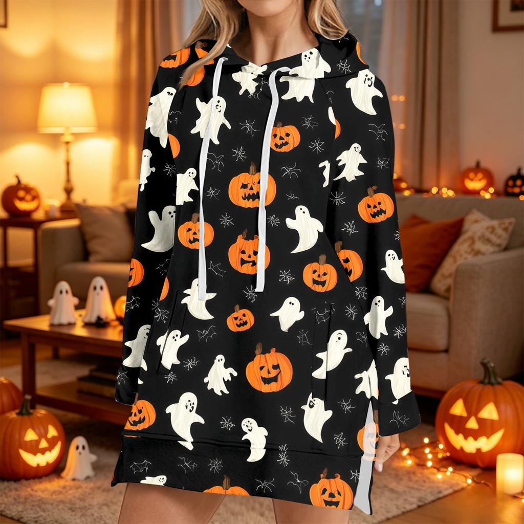 Women's Casual Long Sleeve Halloween Print Hoodie Pullover Top for Fall Festive Wear