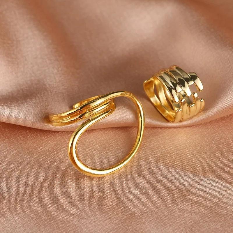 Gold Color Unique Lines Massive Rings Set Women‘S Large Rings Finger Jewelry Vintage Distorted Geometric Ring For Birthday Gift