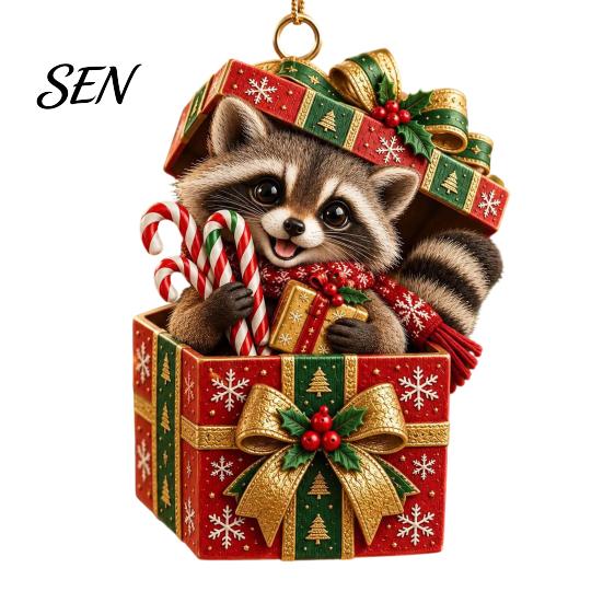 Small Animal Gift Tags for Christmas Forest Ornament, 2D Flat Acrylic Fox Reindeer Squirrel Raccoon in Tree Decoration Set Box Hanging Xmas