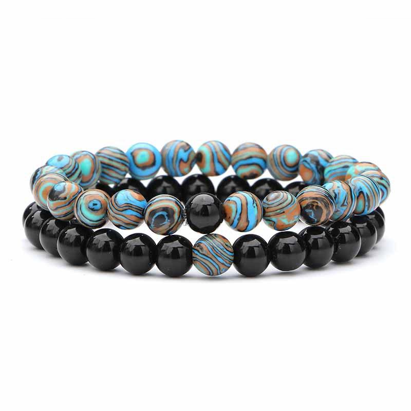 2 pieces/set of natural stone bracelet couple classic black matte blue malachite bracelet, suitable for men and women best gift