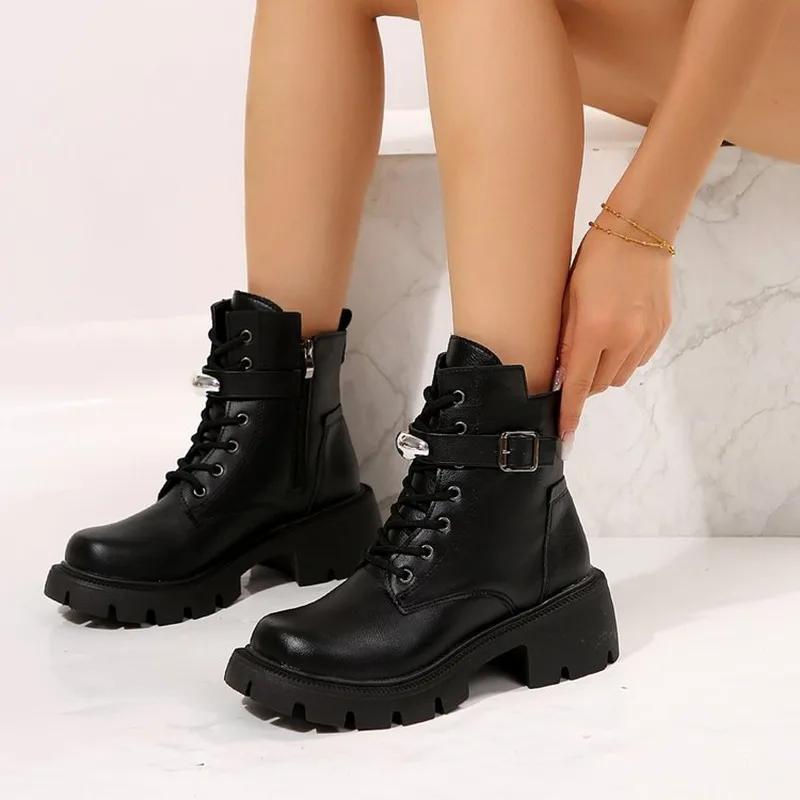 Motorcycle Boots Side Zip Thick Bottom Retro Female Short Botas Winter Warm Shoes Women Belt Buckle Black Ankle Boots for Women