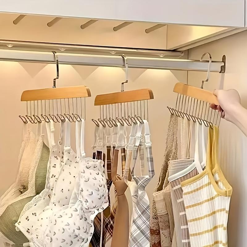 2PCS Wooden Hanging Clothes Rack with Multiple Hooks for Underwear Bras Vests Space-Saving Durable Storage Rack Wardrobe Hangers