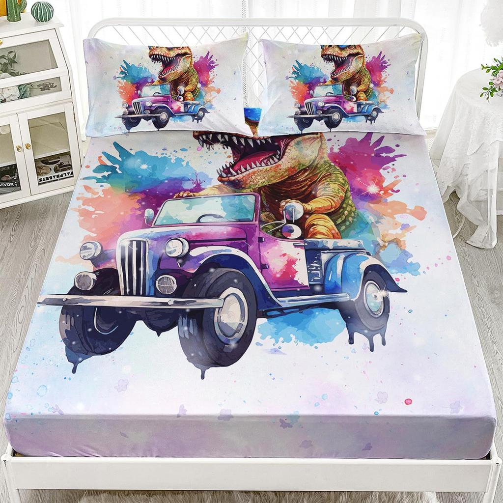 Mehrfarbiges Cartoon-Dinosaurier-Muster Bettmütze Dreiteiliges Digitaldruck Niedliches Muster Bettwäscheset