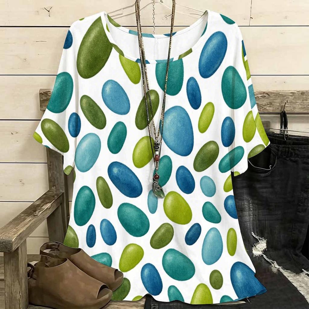 Women Plus Size Round Neck Batwing Short Sleeve Geometric Printed Loose White T Shirt