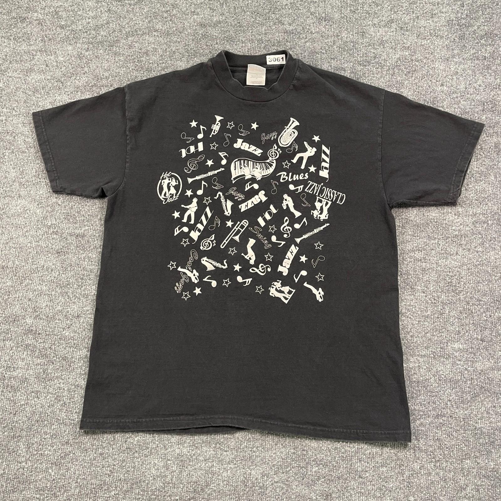 Vintage 90s Jazz & Blues Musical Instruments Shirt XL 23x29 Piano Saxophone Unisex T-Shirt XXL