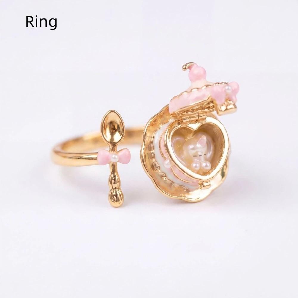 Metal Chain Teaspoon Pendant Necklace 18K Gold Plated Opening and Closing Lid Heart Enamel Necklace Copper Cup Enamel Ring