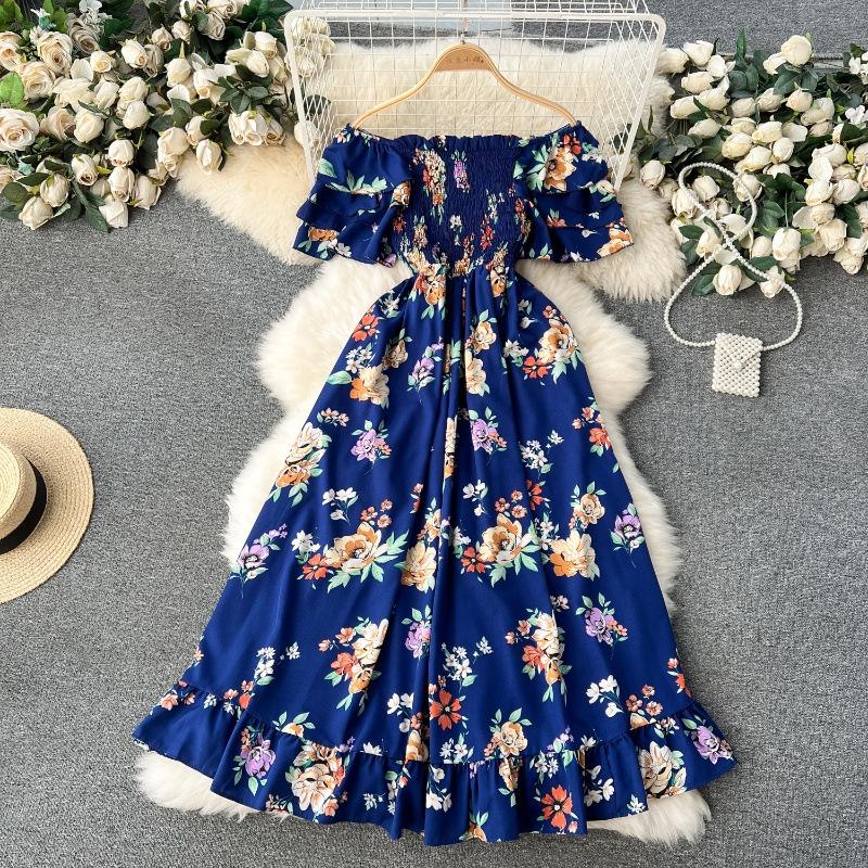 Women's Women Summer Spring Off Shoulder Short Sleeved Waist Length Floral Ankle-Length High Waist Dress