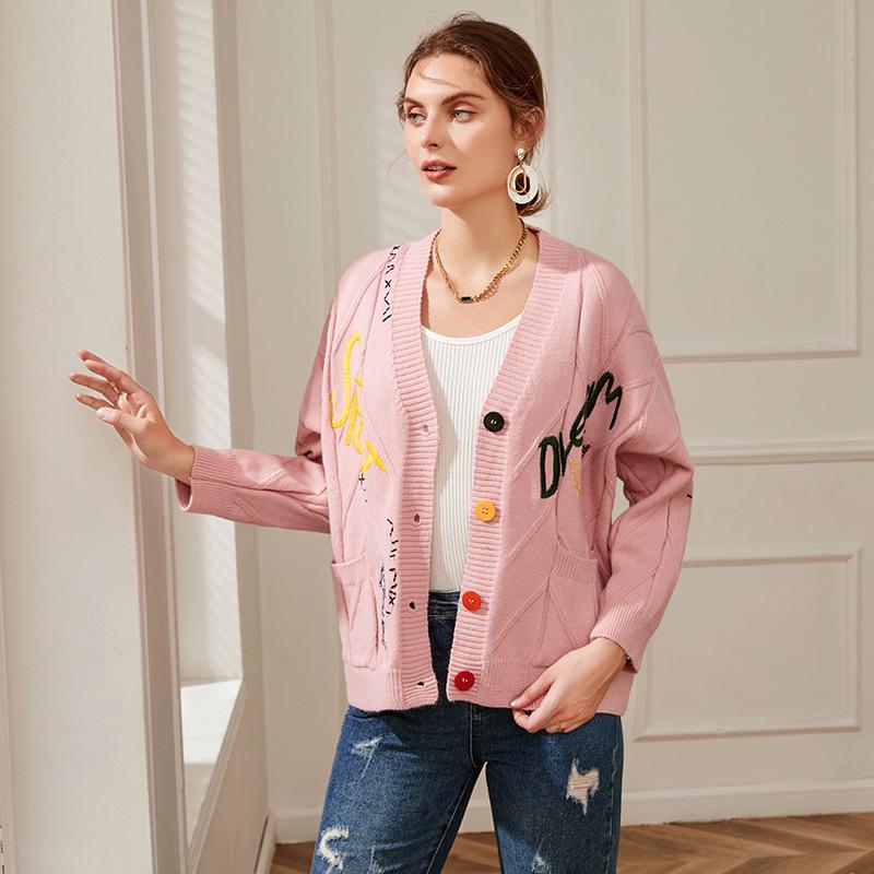 

2023 Autumn/Winter Loose Fit Cardigan Sweater with Letter Embroidery One Size рожевий