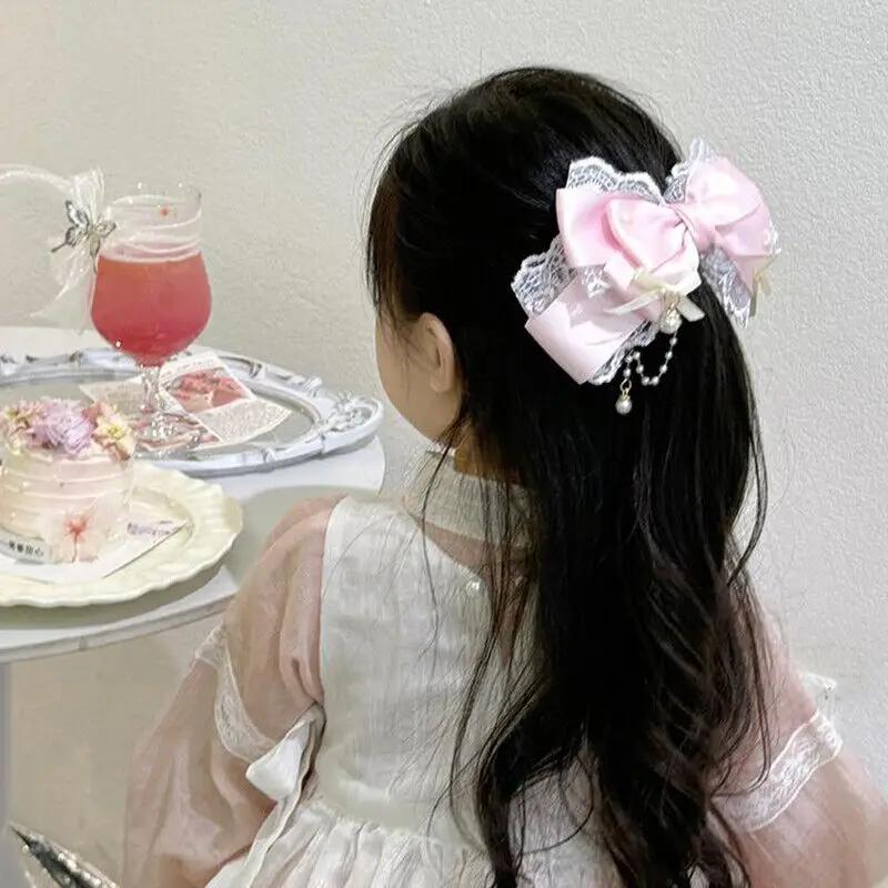 Damen Rosa Lila Blau Grün Lolita Stil Haarspange Schleife Spitze mit Perlenbesatz Handgefertigt Cosplay Kopfschmuck Accessoire