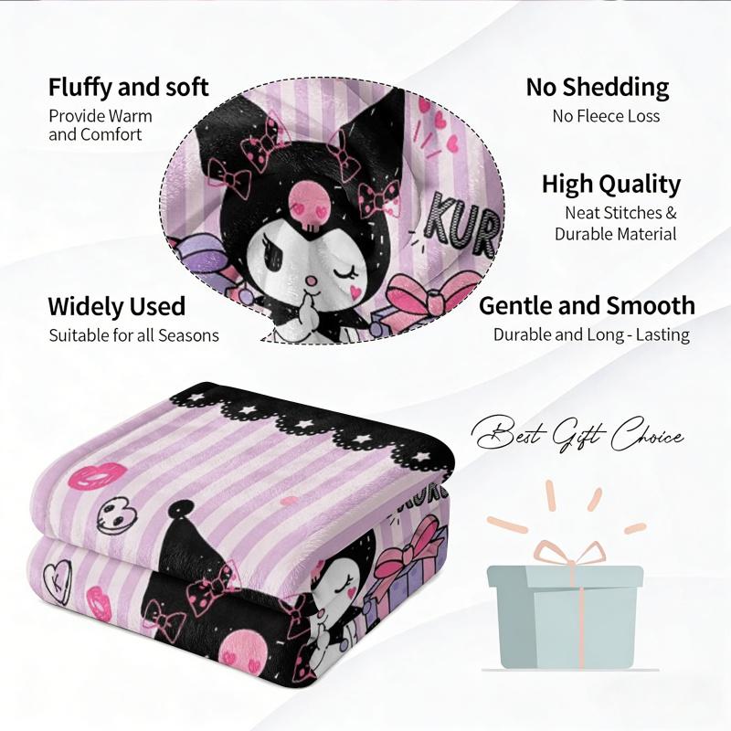 Gothic Sweet Kuromi Flannel Blanket Soft Warm Fluffy Throw Purple Strip Cute Sofa Bed Cover Office Nap Shawl Lightweight Blanket