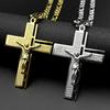 Jesus Cross Crucifix Pendant Necklace for Men Stainless Steel Gold Color Christian Spanish Lord's Prayer Figaro Chain Jewelry