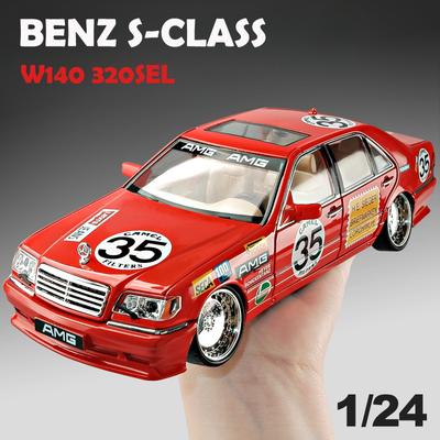 New Diecast 1/24 Scale Benz W140 320SEL Vintage Car Model with LED Light Display Box Collection Miniature Voiture Toy Kids Gift