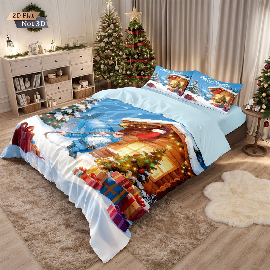 3pcs Christmas House Blue Goblin Print Duvet Set Multi Size Bedroom Dormitory Bedding Holiday Decoration Machine Washable